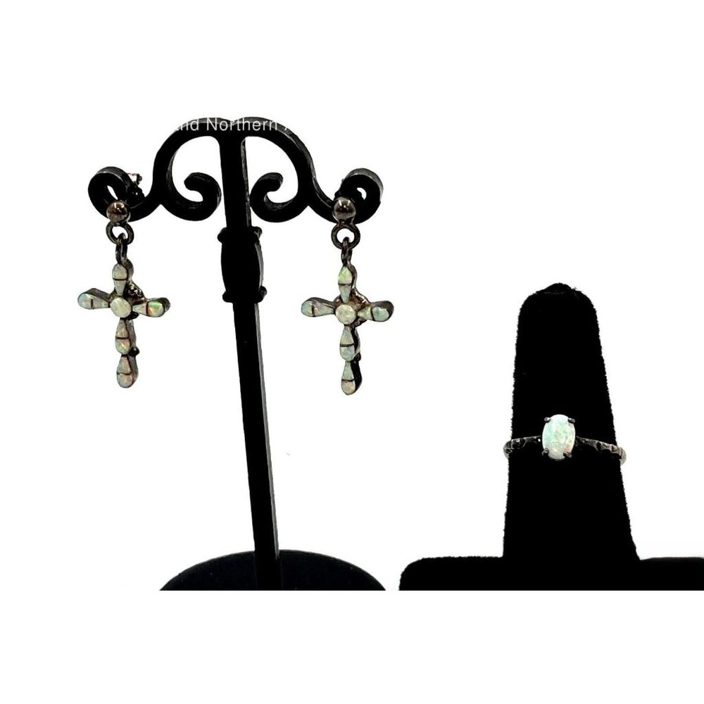 Navajo AL Augustine Largo Signed Sterling Silver Opal Cross Earrings & Ring Set